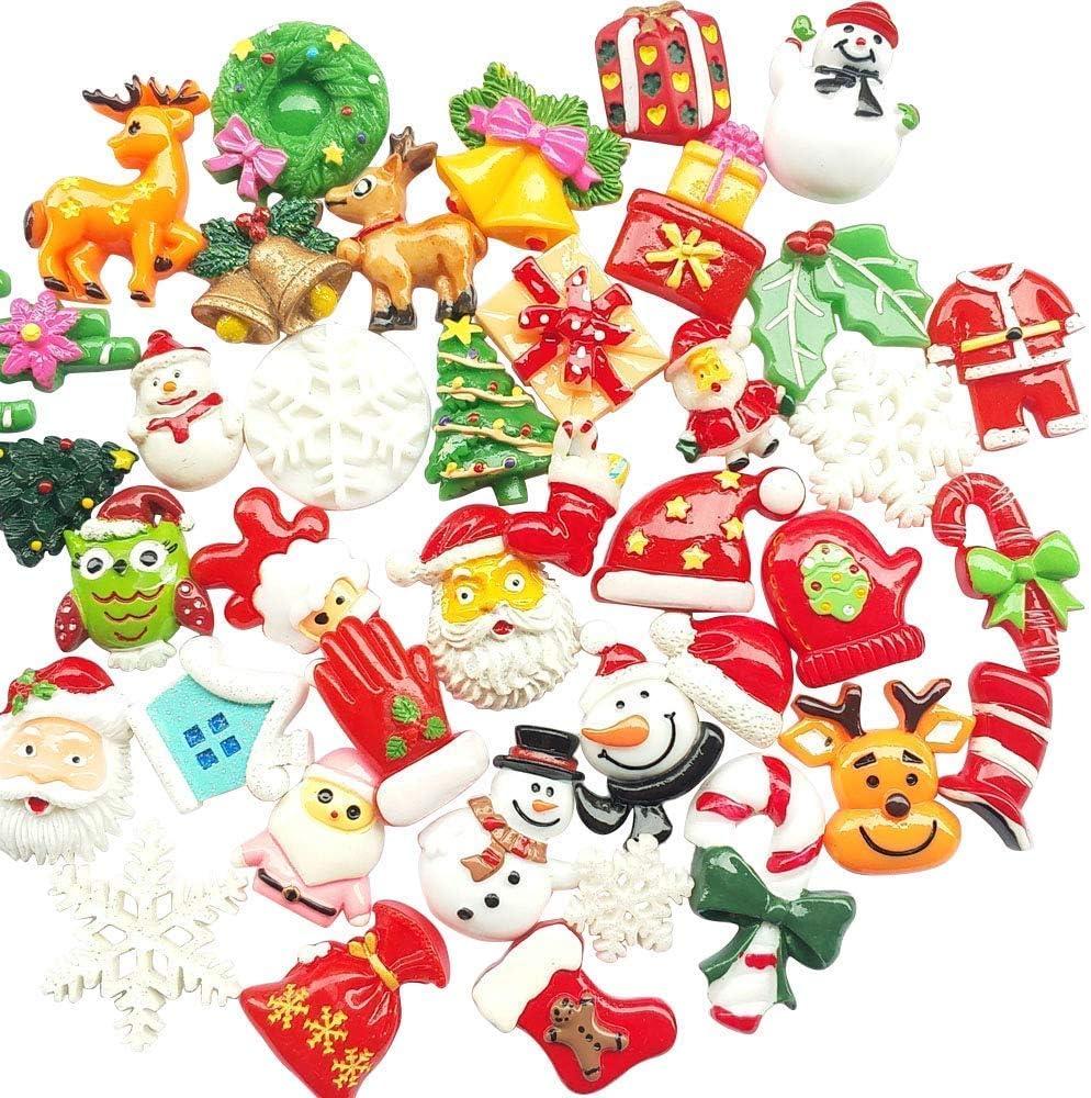 Random 50pcs Mix Lots Resin Flatback Flat Back X'Mas Christmas Santa Tree Claus Beer Snowman Snowflake Jingle Bell Sock Craft Embellishment (50)