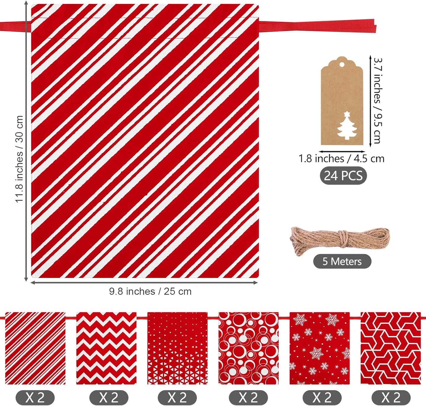 12 Pieces Christmas Drawstring Gift Bags Red and White Cotton Fabric Christmas Gift Bags with Drawstring 12 x 10 Inch Christmas Party Favor Bags for Christmas Party Supplies, 6 Designs