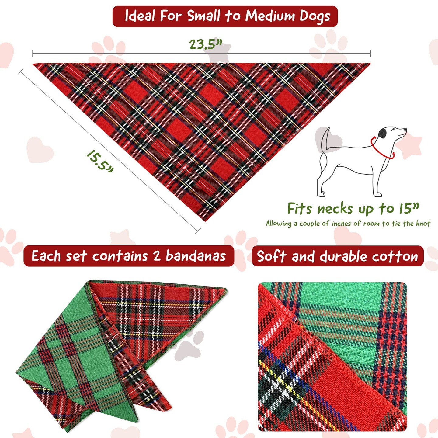 Wrapables Christmas Pet Triangle Bandana, Bib Scarves For Cats and Dogs (Set of 2), Small, Classic Plaid