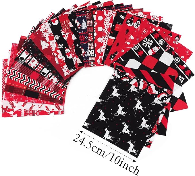 50 Pcs 10 x 10 Inches Christmas Precut Fabric Squares Black Red Cotton Craft Fabric Fat Quarters Snowman Santa Snowflake Fabric Scraps Bundles for Xmas DIY Craft Patchwork Sewing Quilting