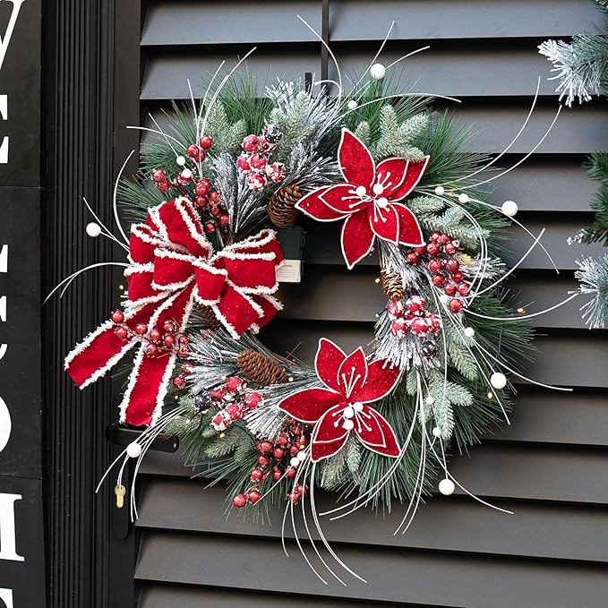 Christmas Wreaths for Front Door, Soomeir Prelit Poinsettia Christmas Wreath with Lights, Berries and Velvet Bow, Lighted Wreath for Holiday Winter Window Outdoor Indoor Xmas