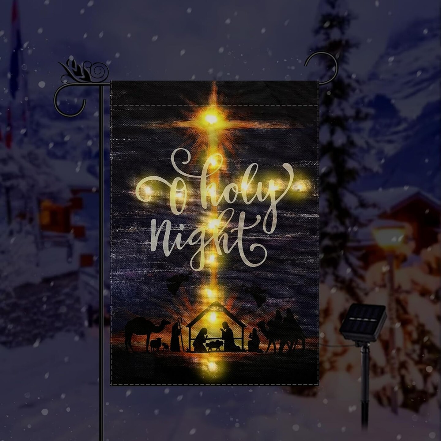 Christmas Garden Flag Lighted Christ Holy Night Jesus Religious Flags for Outside Solar Led Double Sided Burlap Nativity Scene Xmas Winter Holiday Decorations Yard Lawn Outdoor Decor 12.5 x 18 Inch