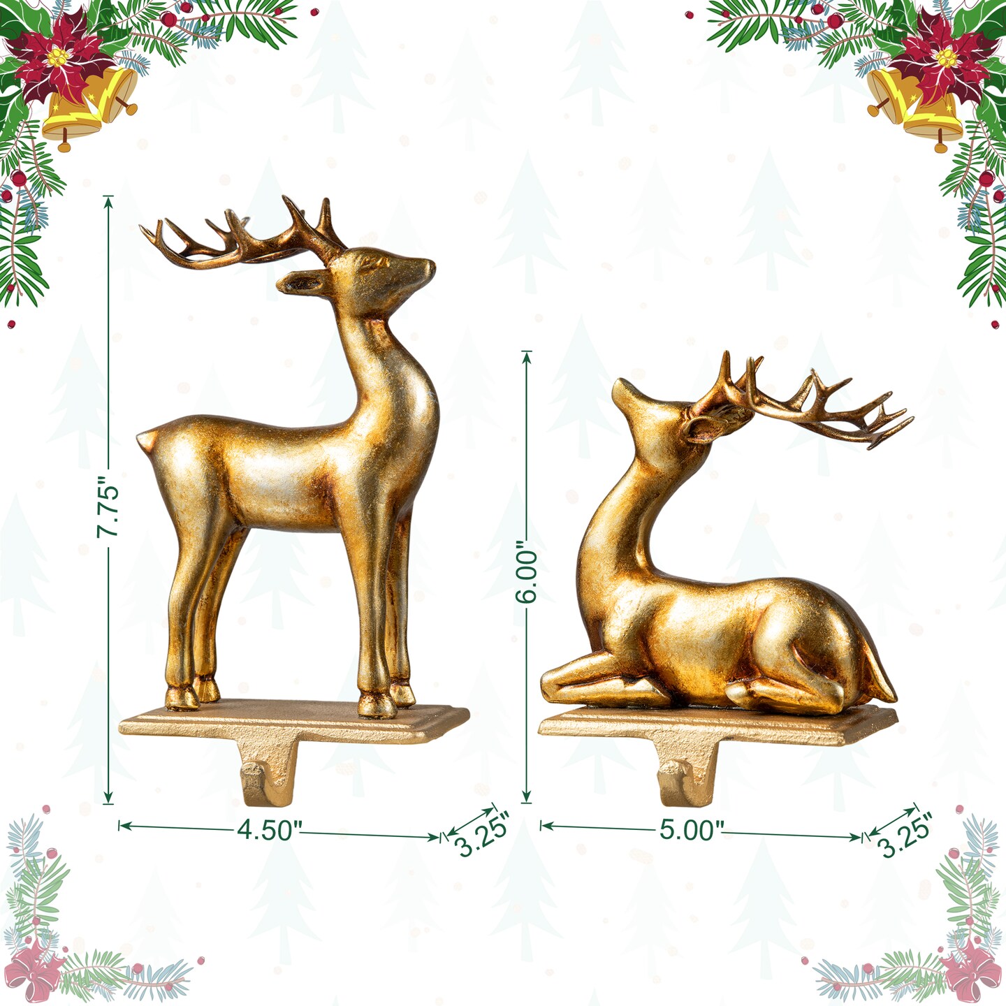 Set of 2 Gold Resin Standing & Sitting Reindeer Stocking Holders