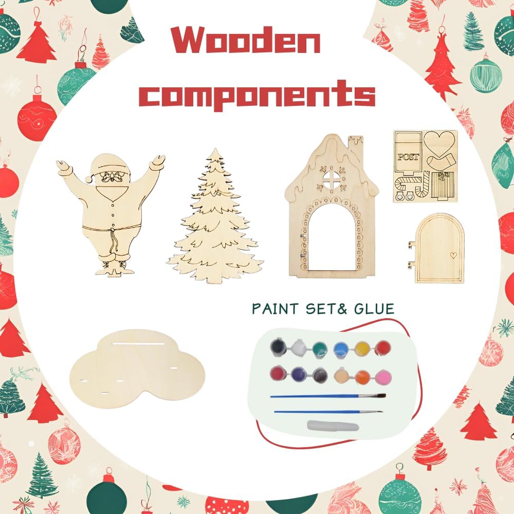 DlY Wooden Christmas Ornaments Paint Kit, Unfinished Wood Crafts Kit with Christmas Tree&#x26;Santa-Wooden Holiday Craft Set for Christmas Decorations