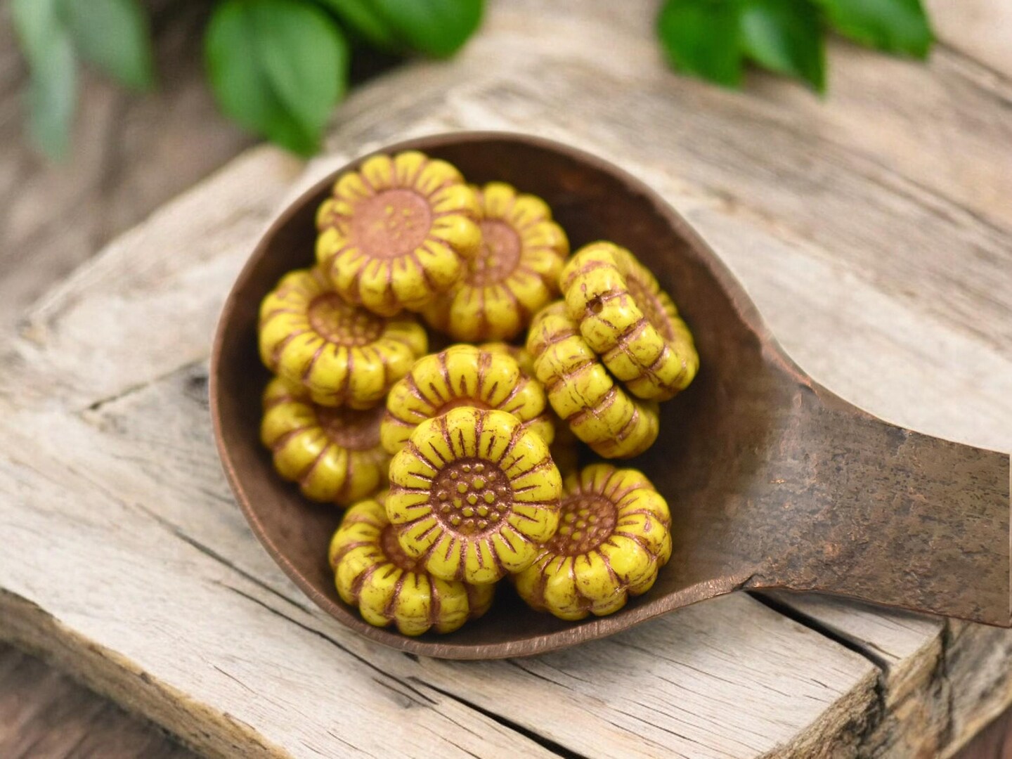 *12* 13mm Copper Washed Opaque Yellow Sunflower Coin Beads