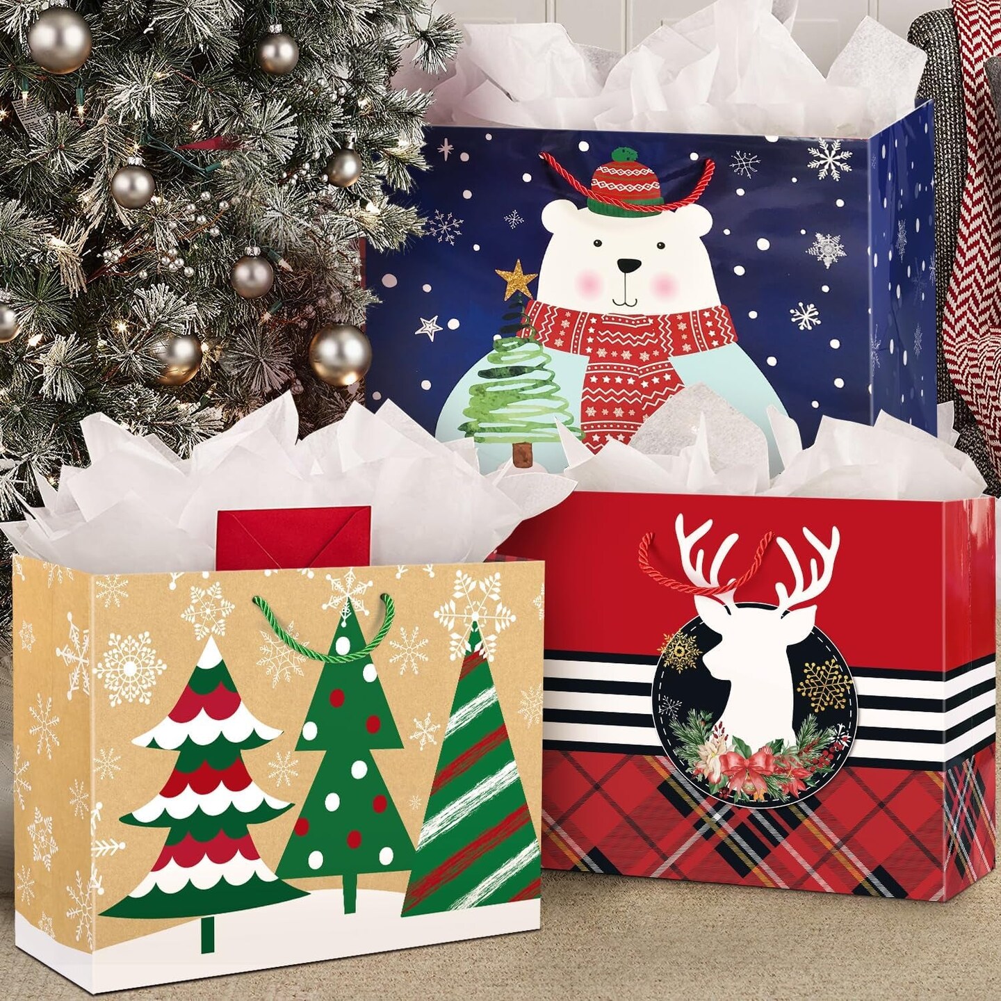12 Extra Large Christmas Gift Paper Bags Bulk with Handles and 60 Count Christmas Gift Tags-6 Designs Jumbo Oversized Sacks Set for Wrapping Gaint Xmas Holiday Presents