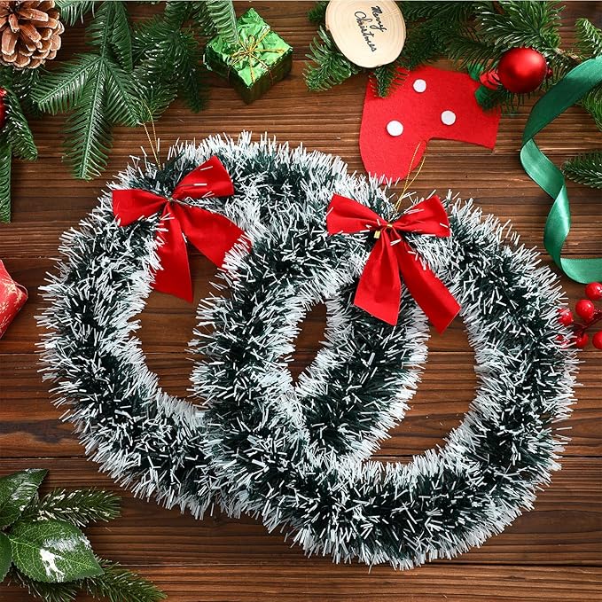 24 Pcs 12 Inch Christmas Wreath with Red Bow Bulk Artificial Christmas Garland Creative Winter Decoration Christmas Tree Hanging Ornaments for Window Front Door Kitchen Shop Indoor Outdoor