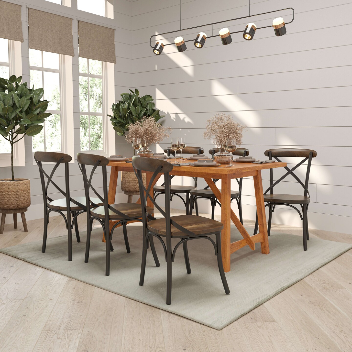 Merrick Lane Tucker Series Industrial Style Black Metal X-Back Dining Chair with Fruitwood Finished Seat and Back