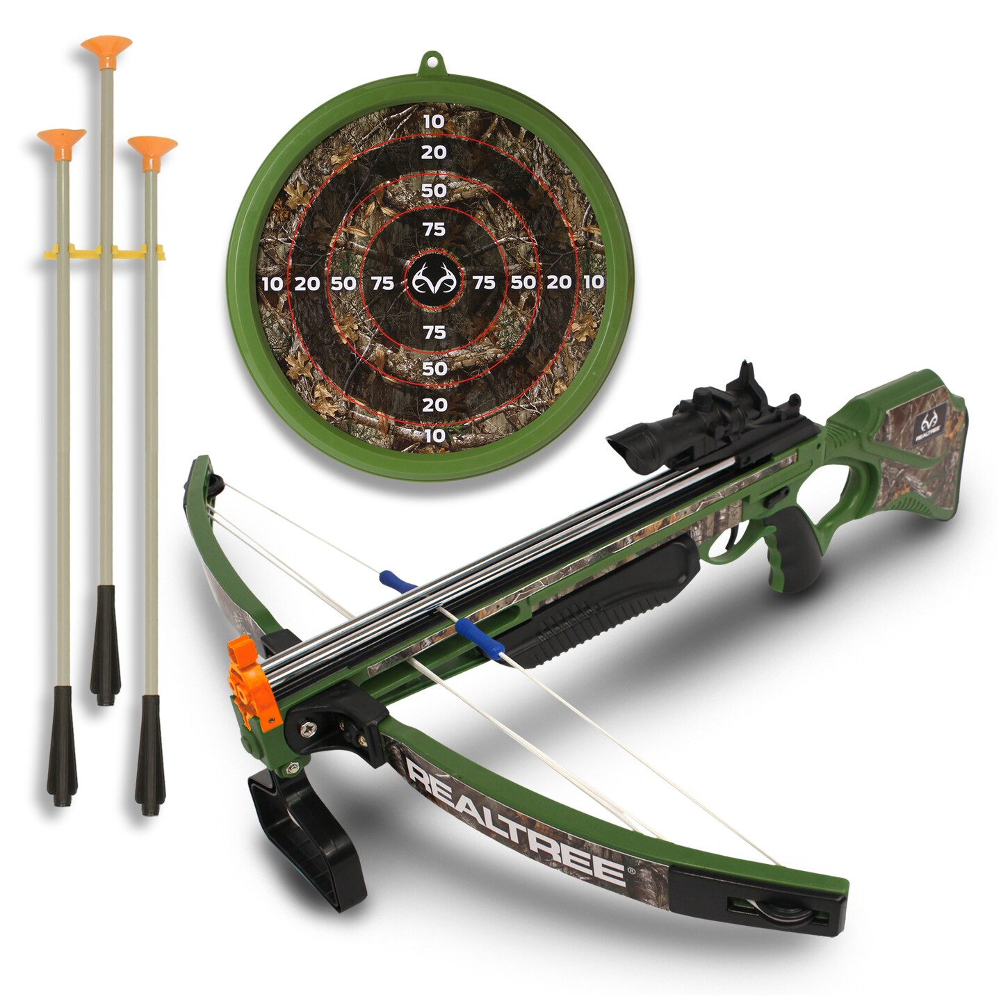 RealTree: Toy Compound Crossbow Set - 26&#x22; - Green-Camo - Suction-Tipped Arrows, Target, LED Scope, Ergonomic Grip, Shoots Up to 40&#x27;, Archery, Kids 8+