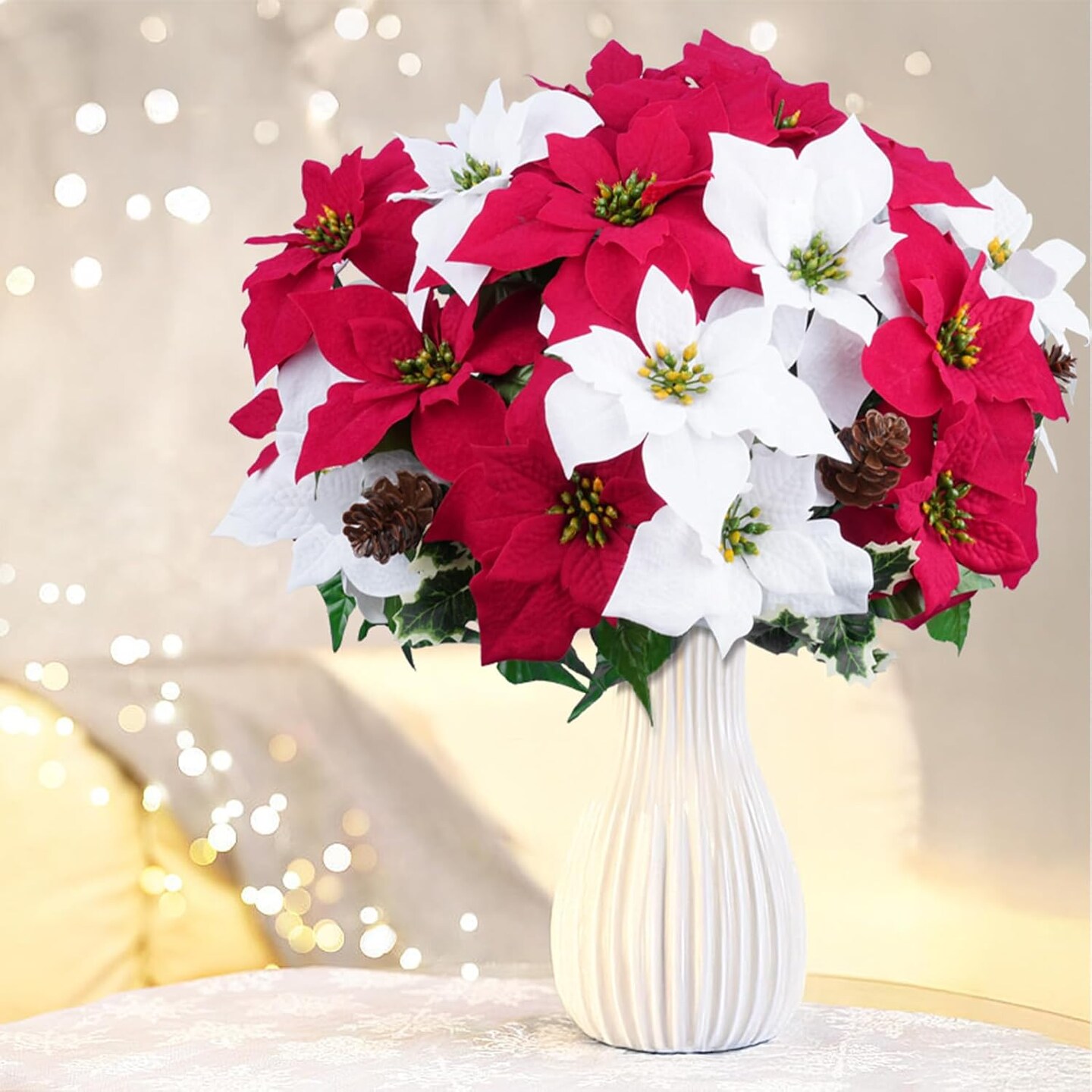 18.5&#x22; Christmas Flowers for Cemetery Faux Christmas Floral Arrangement with Faux Cone for Grave Centerpiece Home D&#xE9;cor