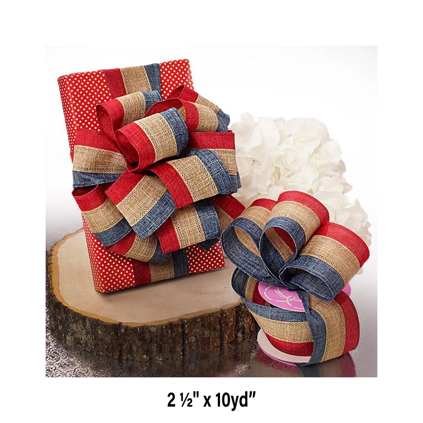 Red Natural and Blue Striped Ribbon 2.5&#x22; x 10 yd