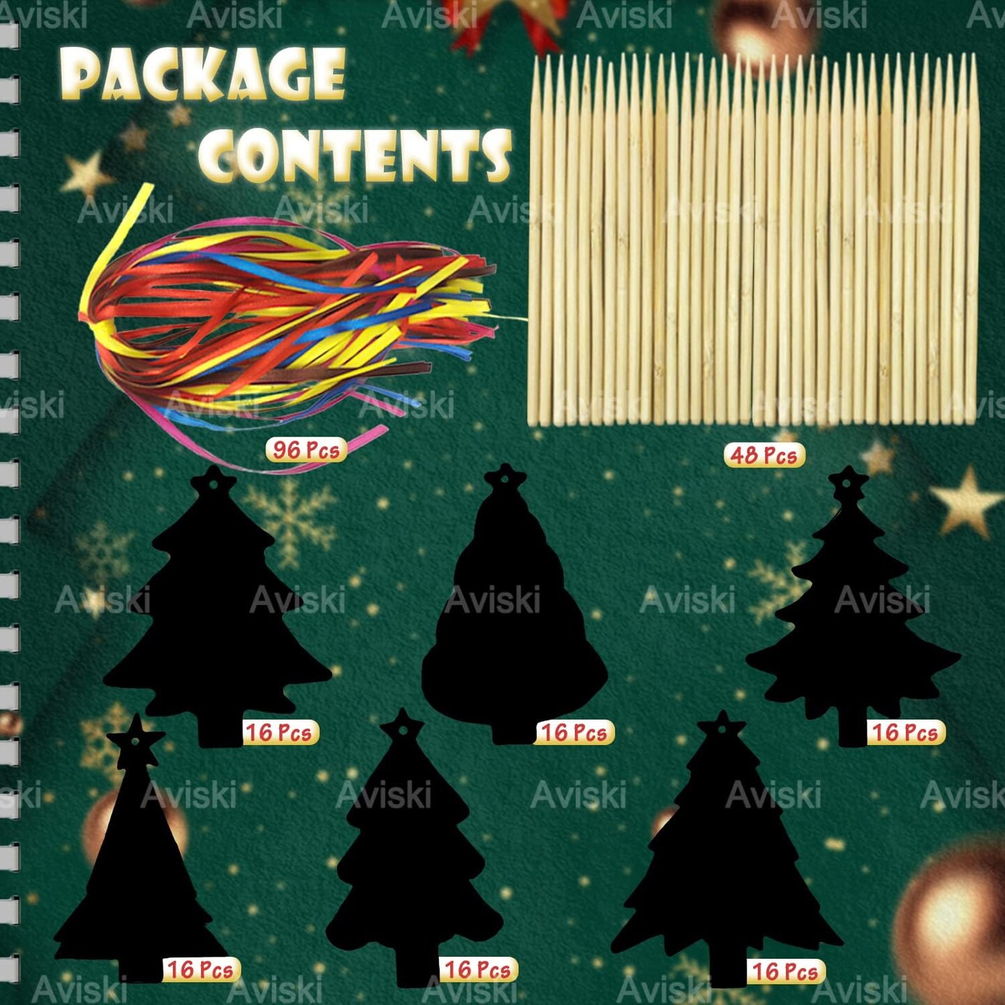 96Pcs Christmas Tree Scratch Paper Rainbow Color Scratch Ornaments Christmas Decorations Hanging Craft Art Kits with Wooden Stick and Ribbon for Kids Christmas Winter Party Favors