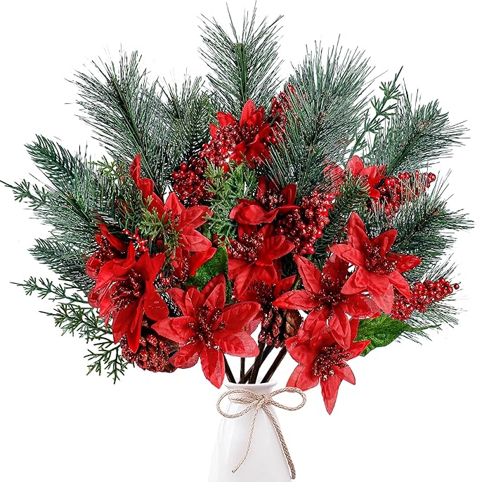 Poinsettia Picks Faux Berries Pine Stems Red Berry Pine Branches with Pine Cones Poinsettia for Xmas Tree Wreath DIY Craft Floral Arrangement Holiday Decor (Red)