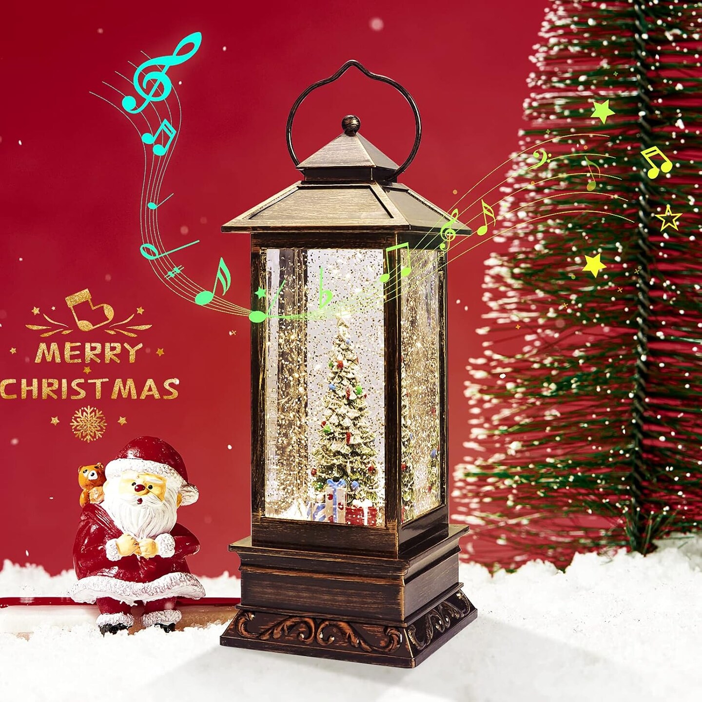 Snow Globe Christmas Lantern Decorations, Musical Snow Globe Lantern with Swirling Glitter, Christmas Tree Lighted Christmas Decorations Indoor for Home