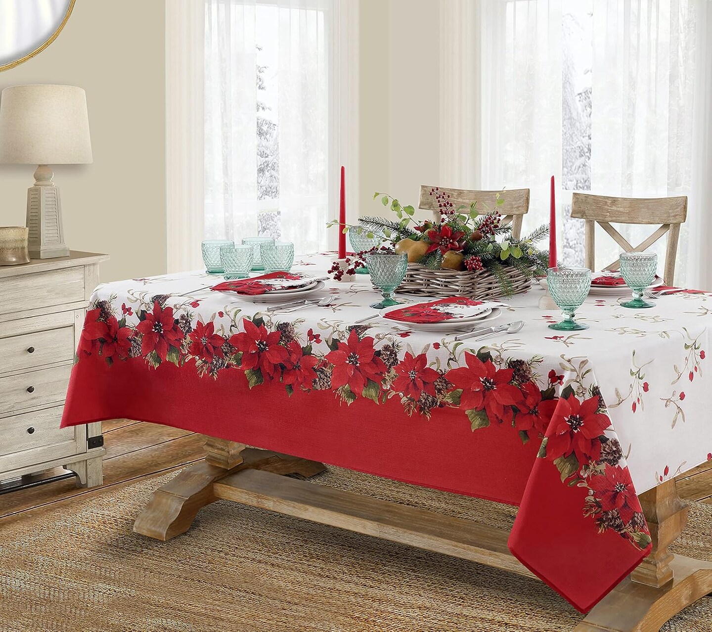 Christmas Blooming Poinsettia’s Double Bordered 60 x 102 inch Rectangle Fabric Tablecloth, Holiday Red and White Poinsettia Dining Table Cover