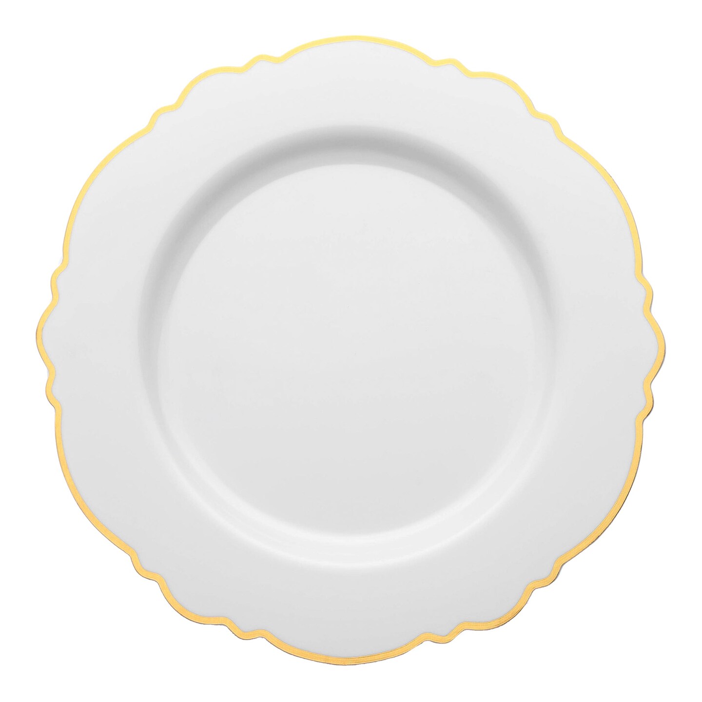 White with Gold Rim Round Blossom Disposable Plastic Dinner Plates - 10.25" (120 Plates)