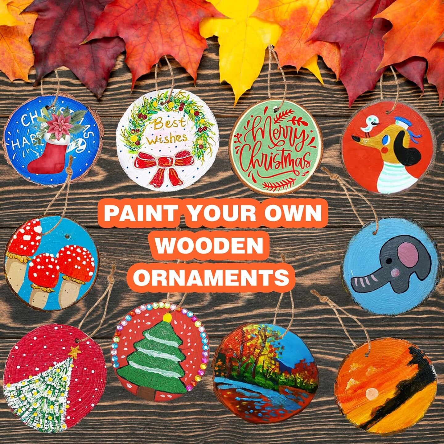 Natural Wood Slices, Wooden Arts and Crafts Kits for Kids Adults, 20PCS Unfinished Wood Slices Painting kit with Letter Numbers Xmas Stencils, Wooden Christmas Ornaments DIY Crafts