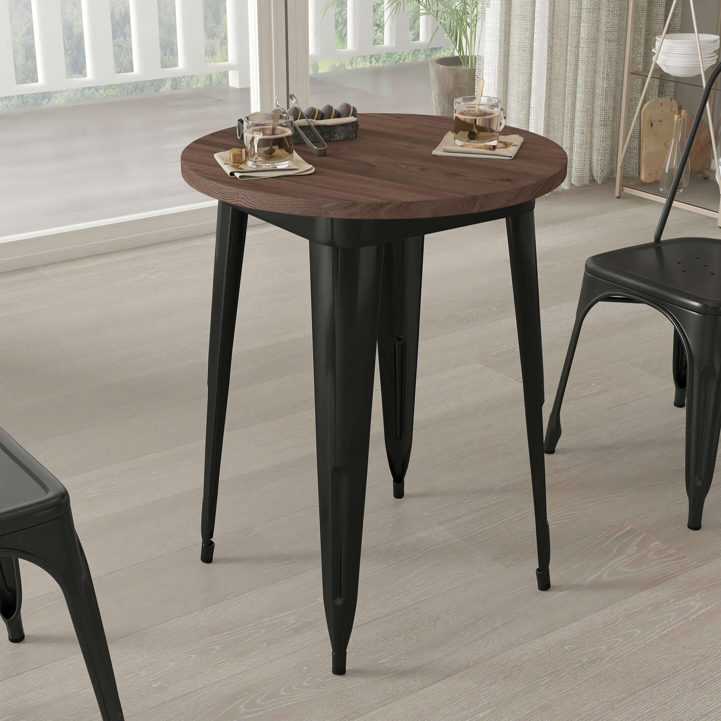 Merrick Lane 24&#x22; Round Metal Indoor Table with Galvanized Steel Frame and Rustic Wood Top