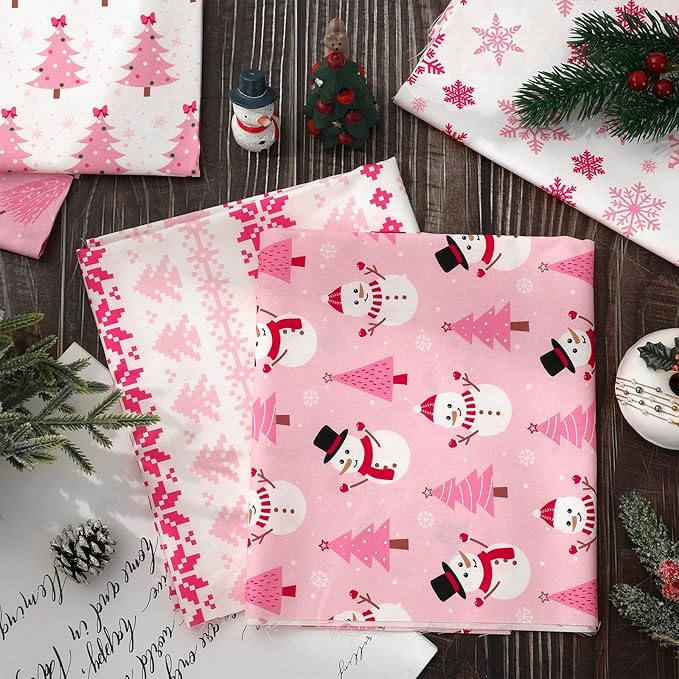 12Pcs Pink Christmas Cotton Fabric Bundles 18 x 22 Inch Xmas Tree Santa Snowflake Fat Quarters Pink White Sewing Fabrics for Xmas Winter DIY Craft Party Decor