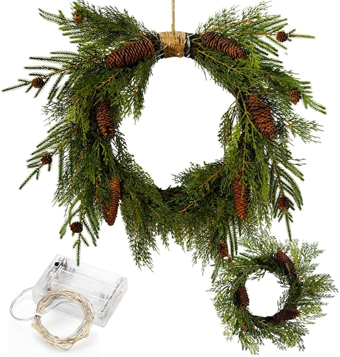 2-Pack 24in Artificial Christmas Wreaths for Front Door Green Pine Needle Pine Cone Christmas Wreath with Lights Christmas Decoration Holiday Window Wedding Decor Wreath