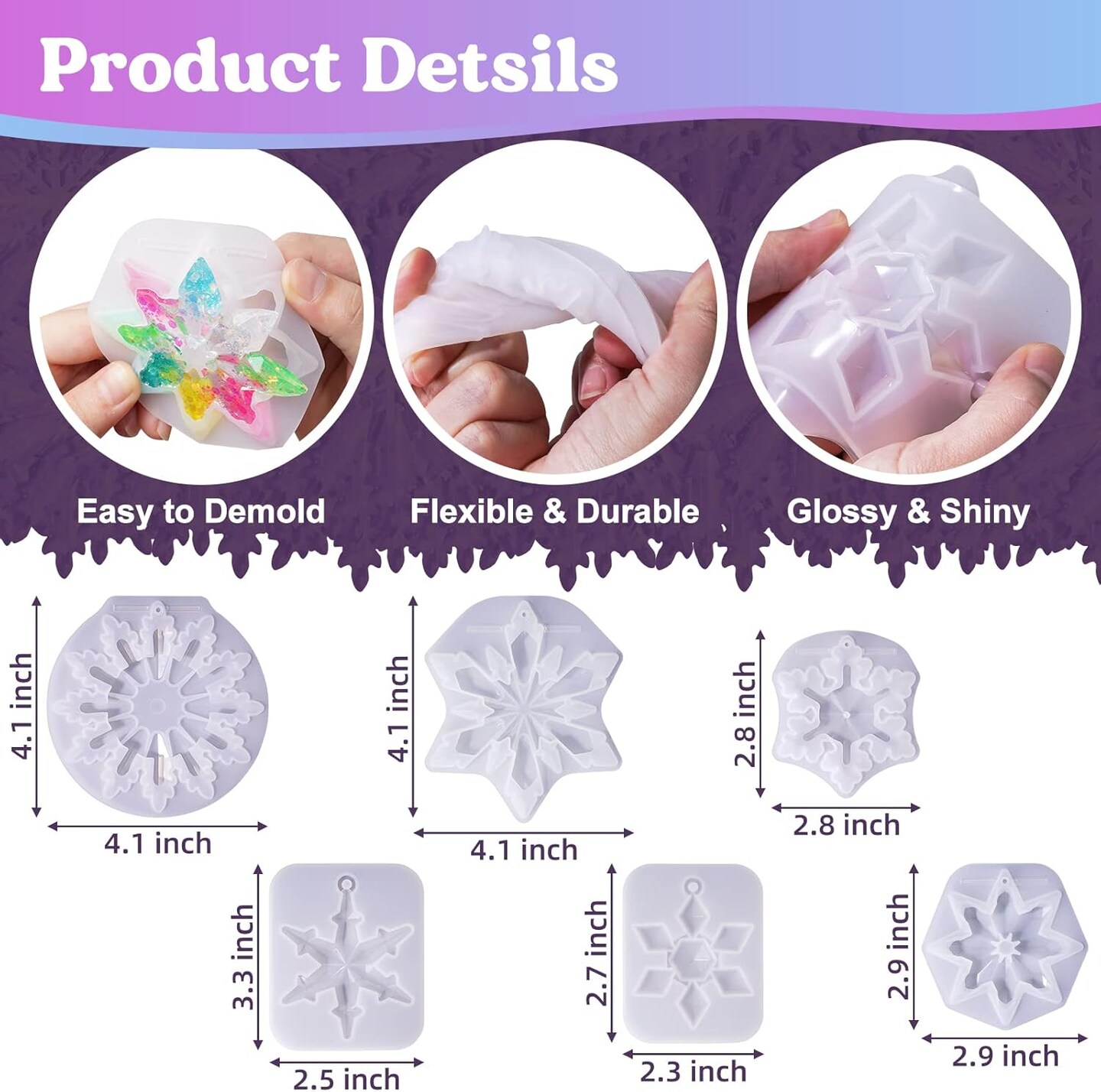 LET&#x27;S RESIN Christmas Snowflake Silicone Epoxy Molds, 6 Pcs Varying Sizes, 3D Crystal Resin Ornament Molds for Tree &#x26; Car Decoration, Keychain