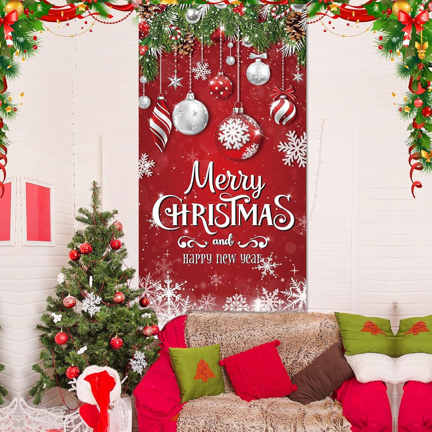 Christmas Door Cover Snowflake Merry Christmas Background Banner Xmas Fabric Door Banner Photography Hanging Cover Photo Booth Props Decorations for House Door Decor, 70.9 x 35.4 Inch
