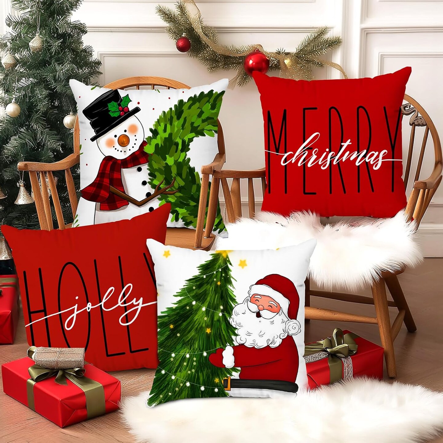 Red Christmas Pillow Covers 18x18 Set of 4 Christmas Decorations Winter Holiday Decor Throw Cushion Case for Home Couch