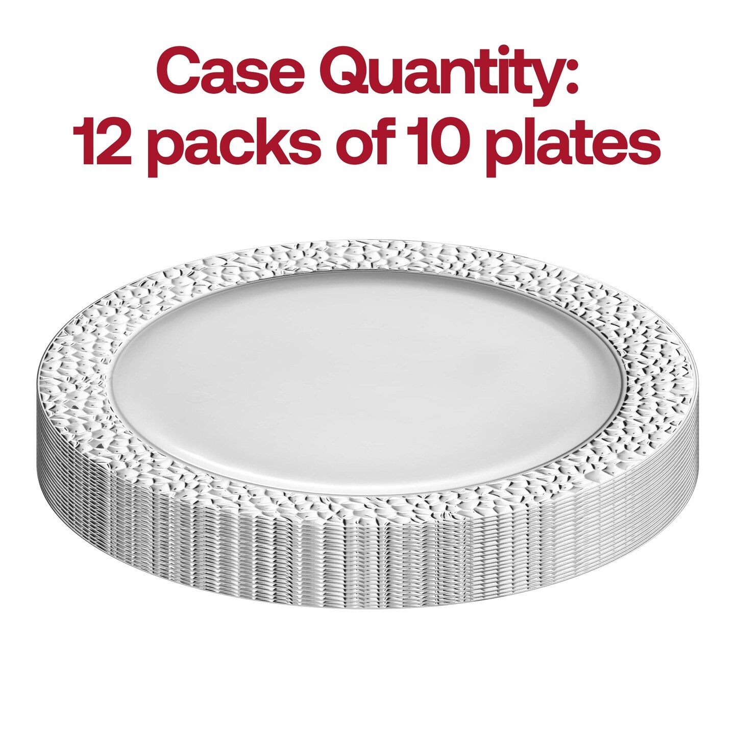 White with Silver Hammered Rim Round Plastic Dinner Plates - 10.25&#x22; (120 Plates)