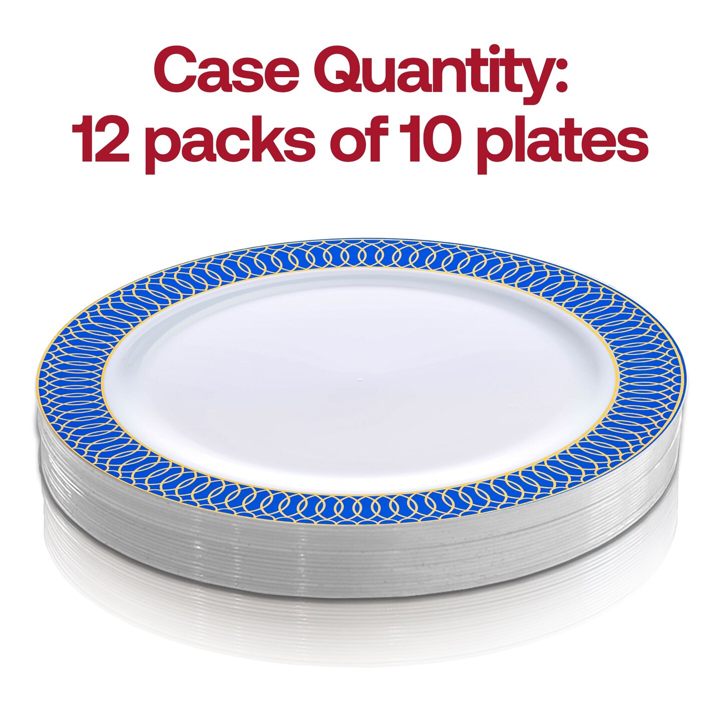 White with Gold Spiral on Blue Rim Plastic Dinner Plates - 10.25&#x22; (120 Plates)