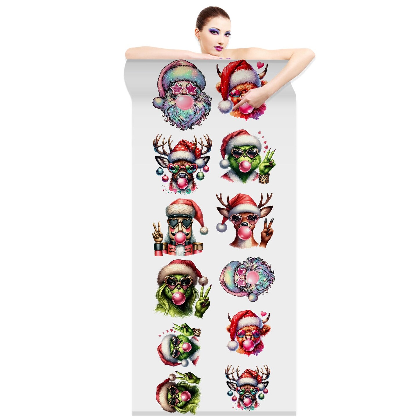 Bubble Gum Santa - Christmas DTF Transfer 22x60 Direct-to-Film Gang Sheets - 7 Adult Prints And 5 Youth Prints Iron On Transfers