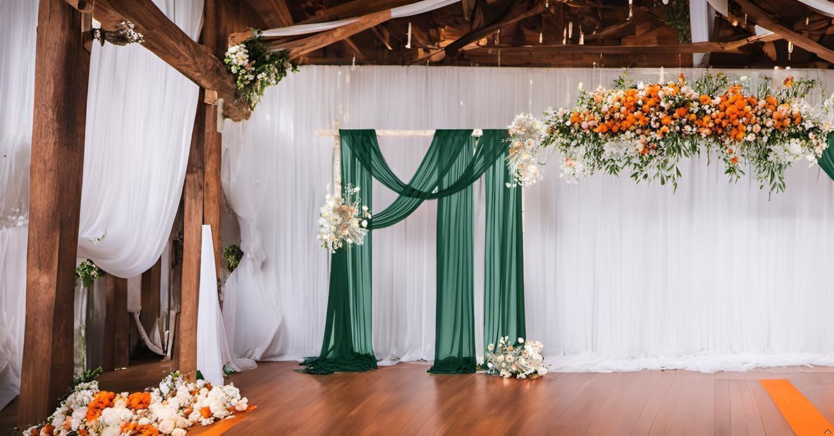 Emerald Green Wedding Arch Draping Fabric 1 Panel 29" x 20Ft Christmas Chiffon Outdoor Curtain Backdrop Sheer Arch Drapes for Thanksgiving Wedding Ceremony Party Ceiling Decoration