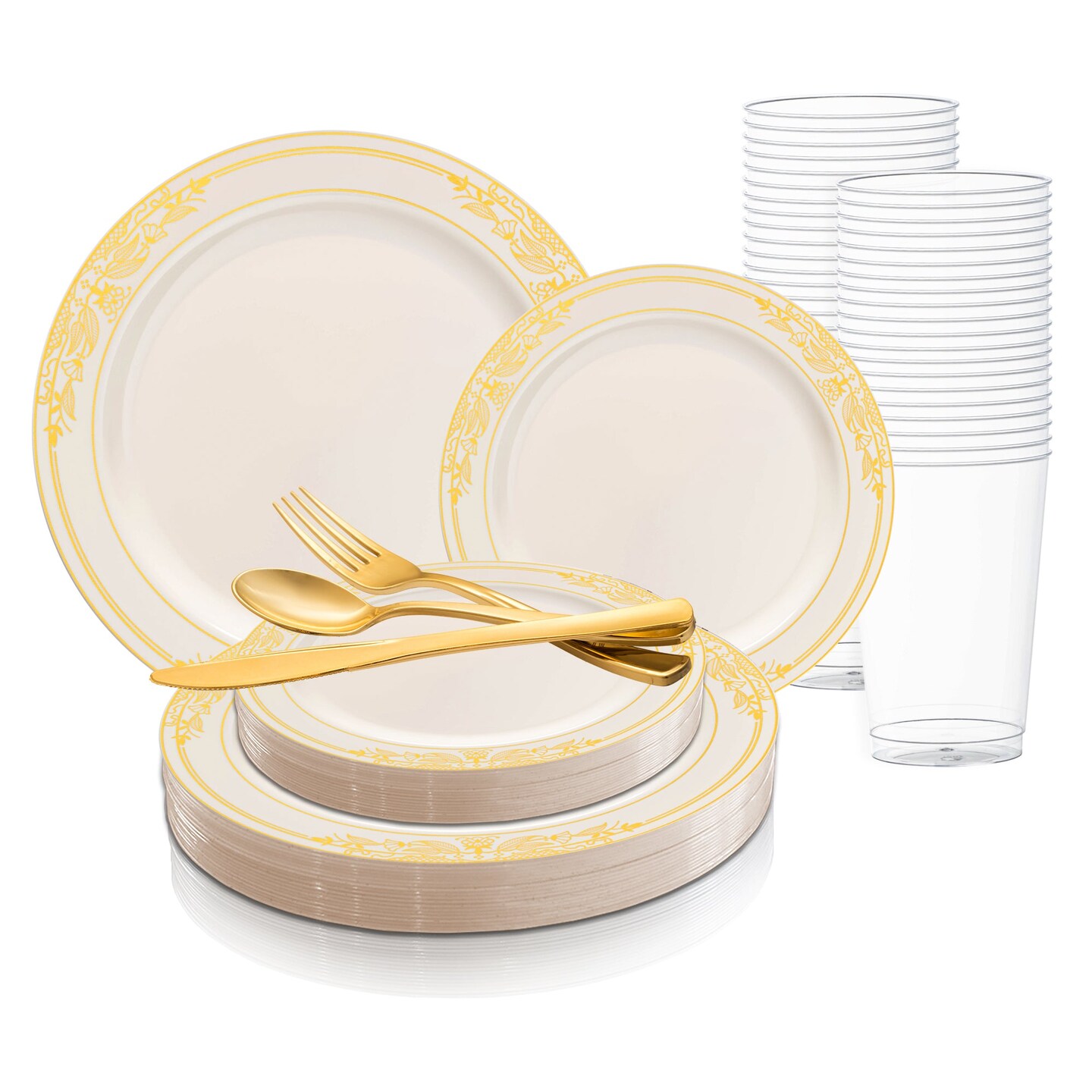 Ivory with Gold Harmony Rim Plastic Wedding Value Set (20 Settings)