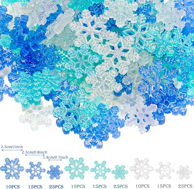 Mini Snowflakes for Crafts Small Resin Snowflakes Snow Shaped Christmas Ornaments for DIY Crafts Xmas Tree Home Decor, 3 Sizes(White, Blue, Light Green)