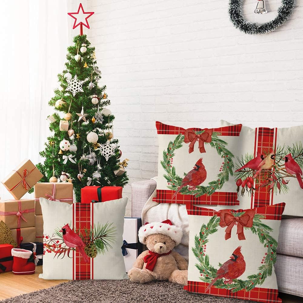 Christmas Pillow Covers 18 x 18 Inch Set of 4 Christmas Cardinal Red Buffalo Check Farmhouse Throw Pillowcase Party Decorations Winter Home Decor Case for Sofa Couch