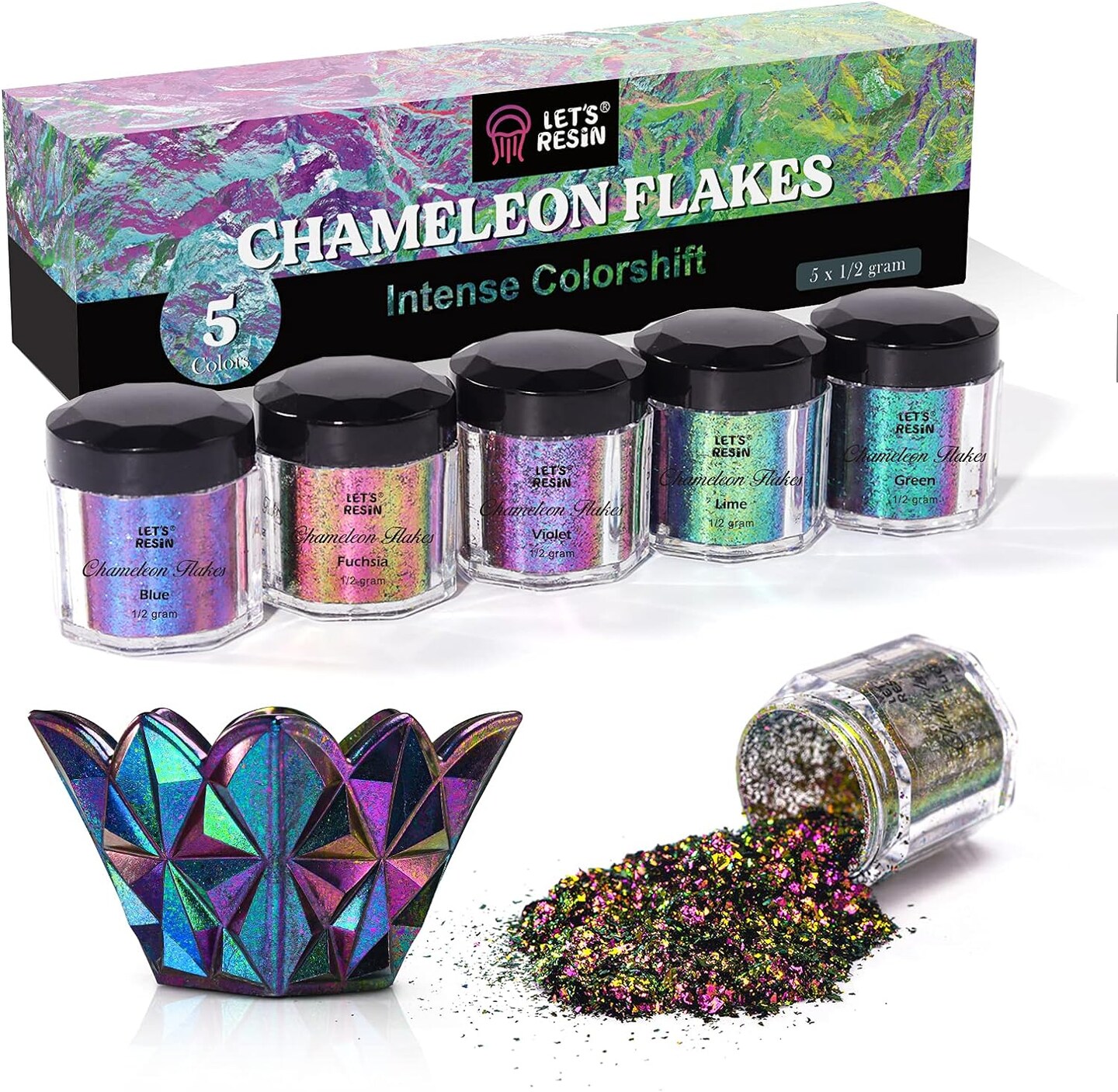 LET&#x27;S RESIN Chameleon Flakes, Resin Supplies -Intense Color Shift Pigment Powder for Resin Molds/Tumblers, Chrome Powder Pigment for Christmas Nail Art/Paint/Soap Making