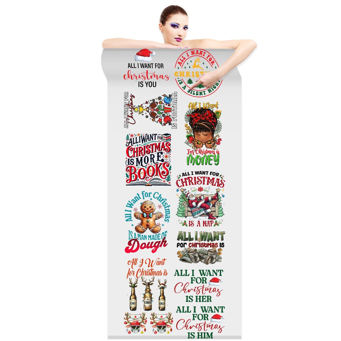 All I Want for Christmas - DTF Transfer 22x60 Direct-to-Film Gang Sheets - 11 Adult Prints And 2 Pocket Prints Iron On Transfers