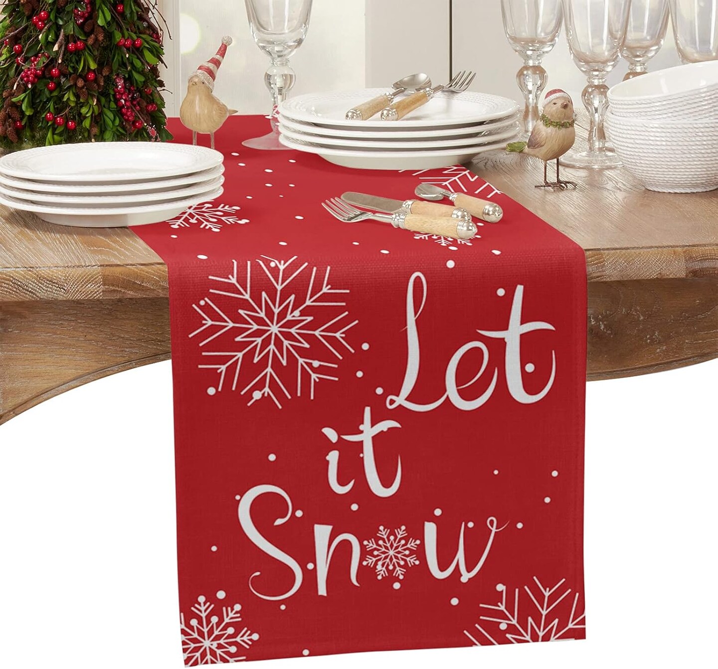 Christmas Table Runner-Cotton Linen-Let it Snow Dinner Scarf D&#xE9;cor,Long 72 Inch Holiday Winter snowflake Dresser Scarves,Farmhouse Xmas Kitchen Coffee/Dining Home Living Room Tablerunner,Red white