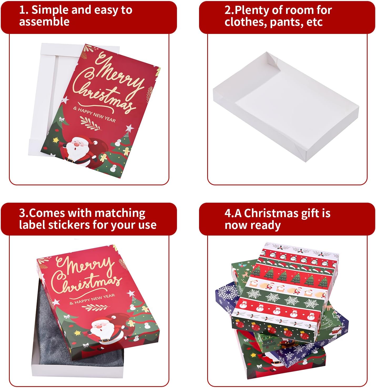 Christmas Gift Boxes with Lids, 12 Pack Patterned Shirt Clothes Boxes(12 Clothing Gift Boxes, 4 Designs: 3 Pieces Per Design &#x26; 1 Christmas Label Sticker) for Christmas Wrapping