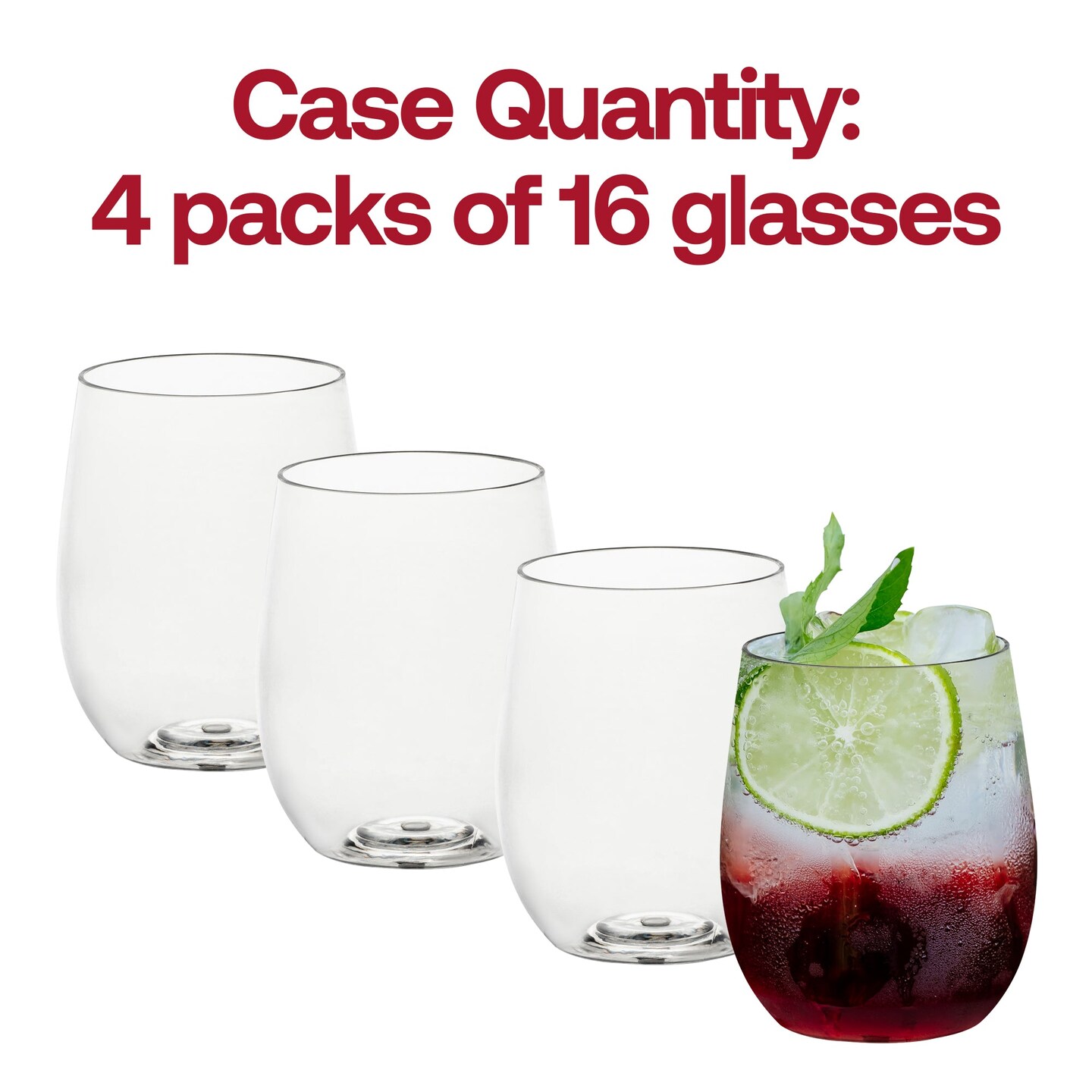 Clear Elegant Stemless Plastic Wine Glasses - 12 oz. (64 Glasses)