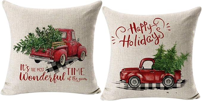 Red Truck Christmas Decor Outdoor Christmas Throw Pillow Covers 18x18 for Home Car Office, Set of 2