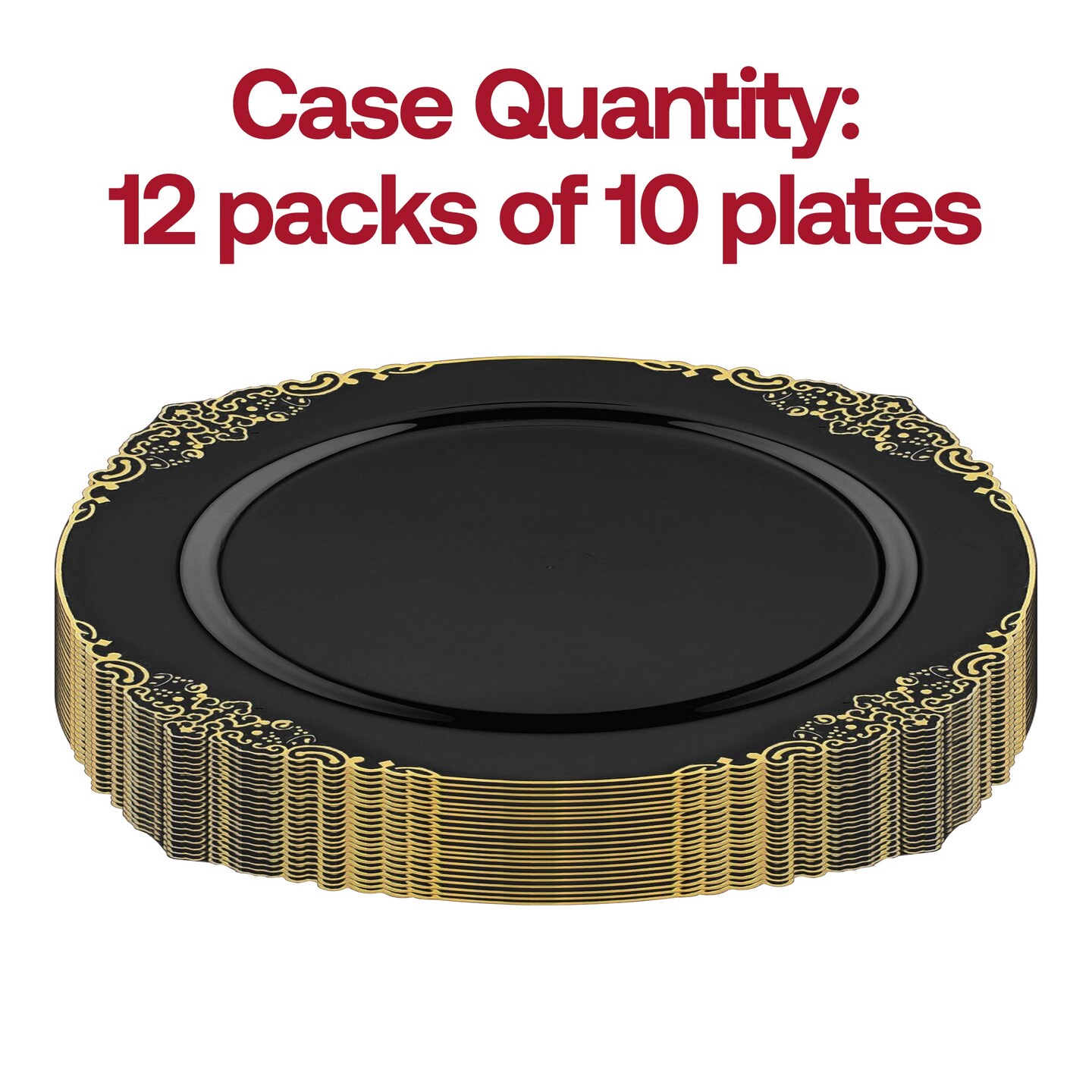 Black with Gold Fancy Round Disposable Plastic Salad Plates - 7.5" (120 Plates)