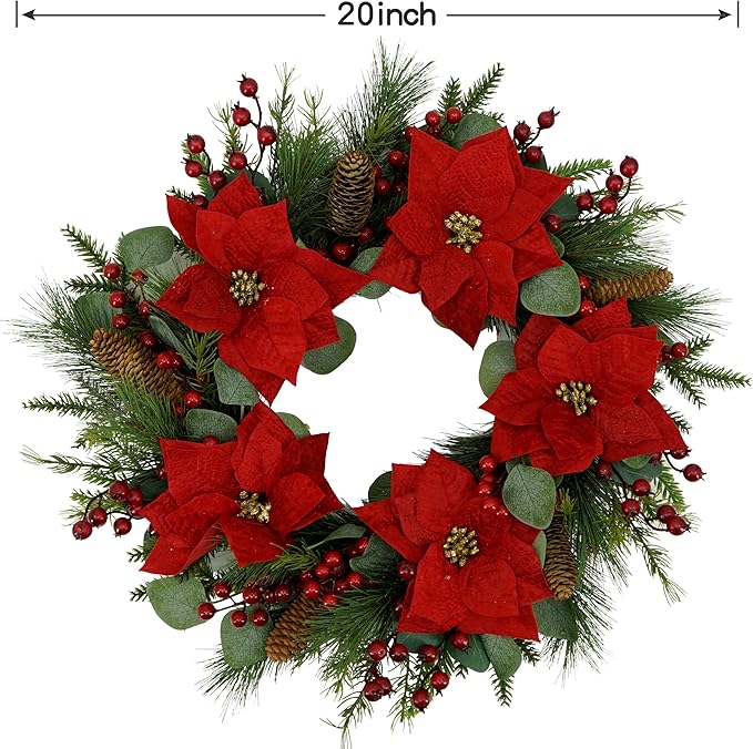 20 inch Artificial Christmas Wreath Winter Wreath with Poinsettia,Eucalyptus Leaves,red Berry,Pine Cones,Pine Needles for Indoor Outdoor Farmhouse Home Wall Window Festival Wedding Decor