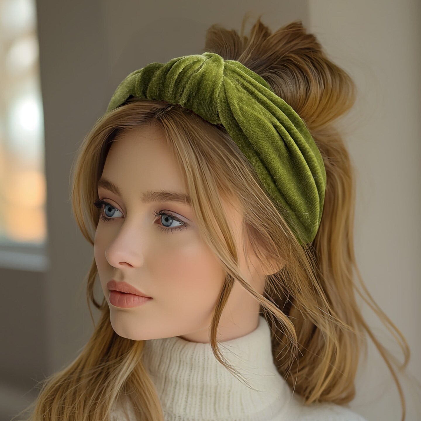 Wrapables Wide Knotted Velvet Headbands, Top Knot Velvet Headbands for Women and Girls, Apple Green