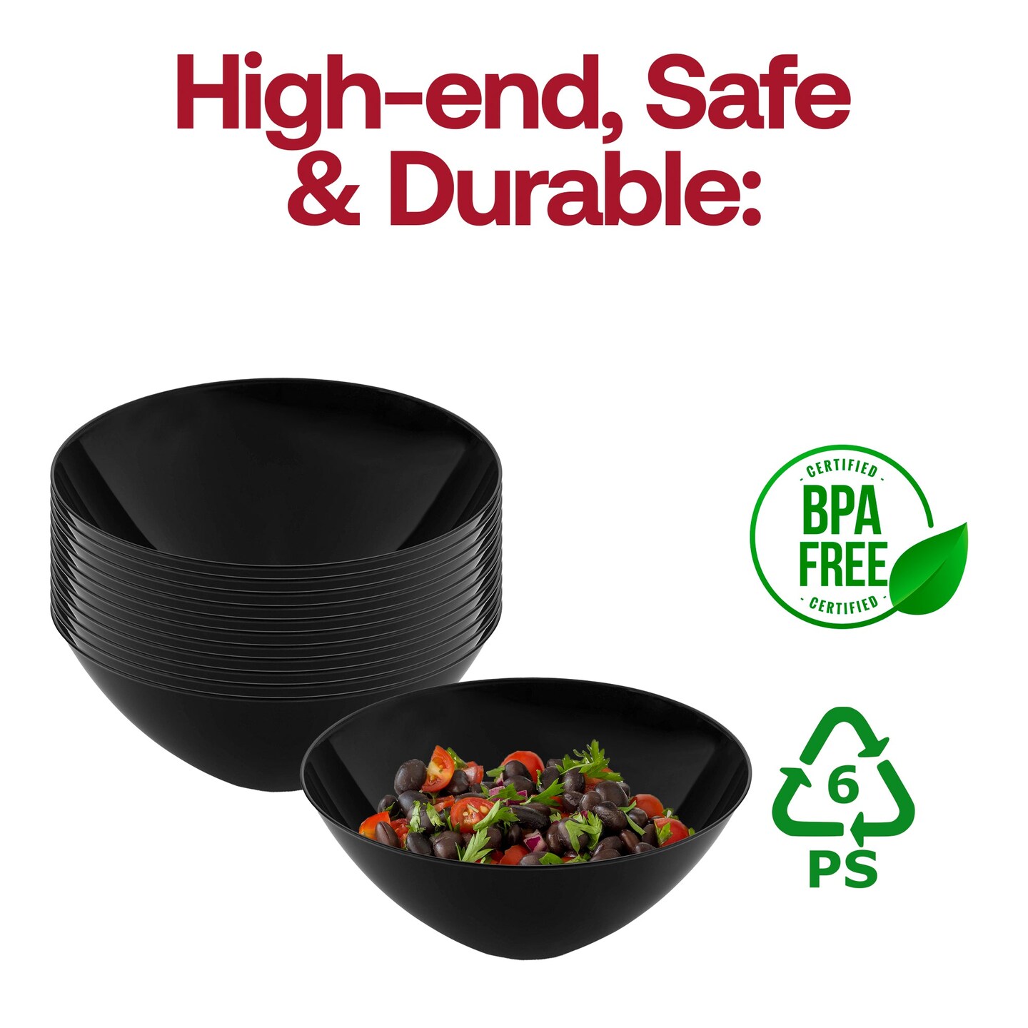 Solid Black Organic Round Disposable Plastic Bowls - 32 oz. (60 Bowls)