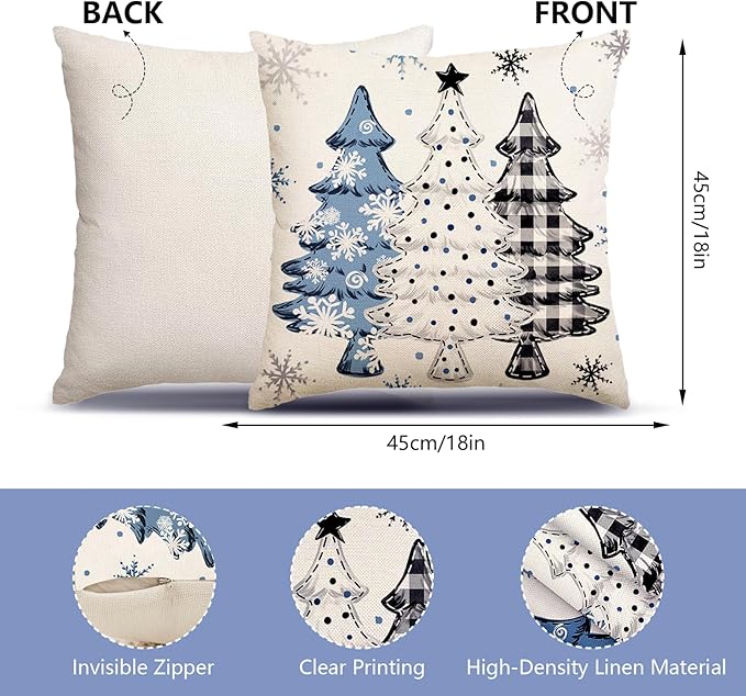 Christmas Pillow Covers 18x18 Set of 4, Winter Snowman Joy Snowflake Throw Pillow Covers Let it Snow Xmas Tree Home Decor for Pillow Case Happy Holiday Cushion Case for Sofa Couch