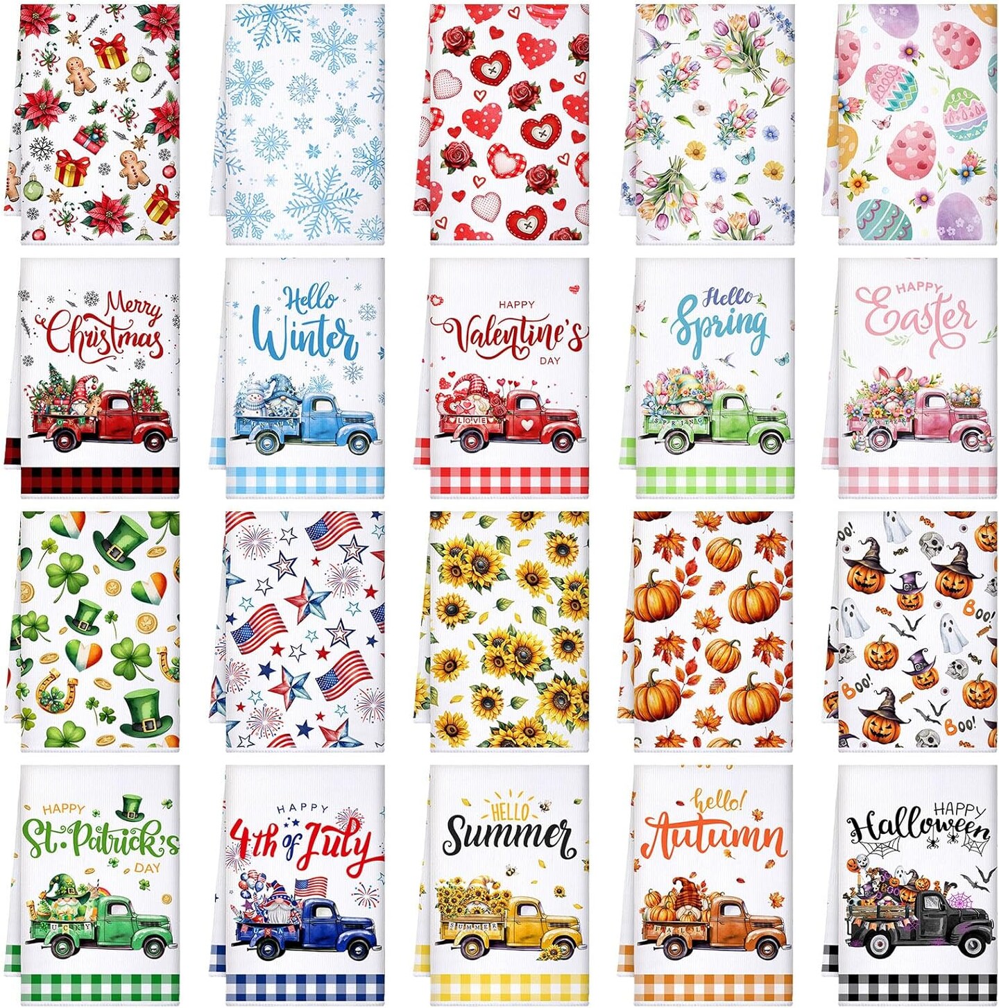 20 Pcs Seasonal Kitchen Towels Decorative Set Halloween Christmas Winter Valentines Day Holiday Hand Dish Towels 16 x 24 Inch Tea Towels Cute Dishcloths Wash Cloths with Hanging Loop(Truck)
