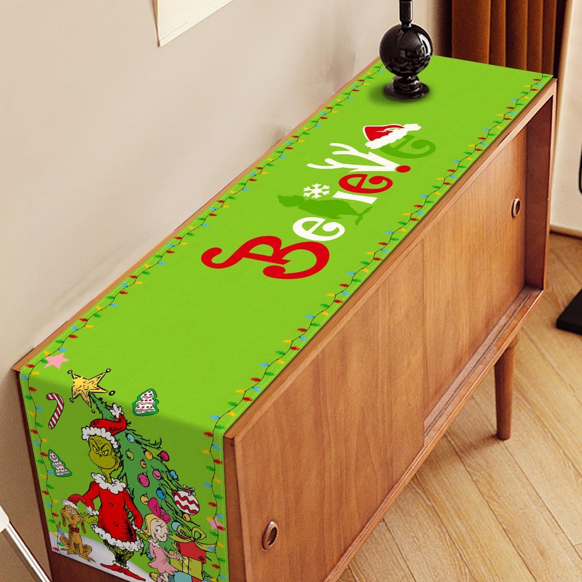Green Christmas Table Runner Welcome to Whoville Believe Theme Party Decoration Xmas Winter Holiday Home Kitchen Island Decor 72Inches Long (Green, 13&#x22; x 72&#x22;)