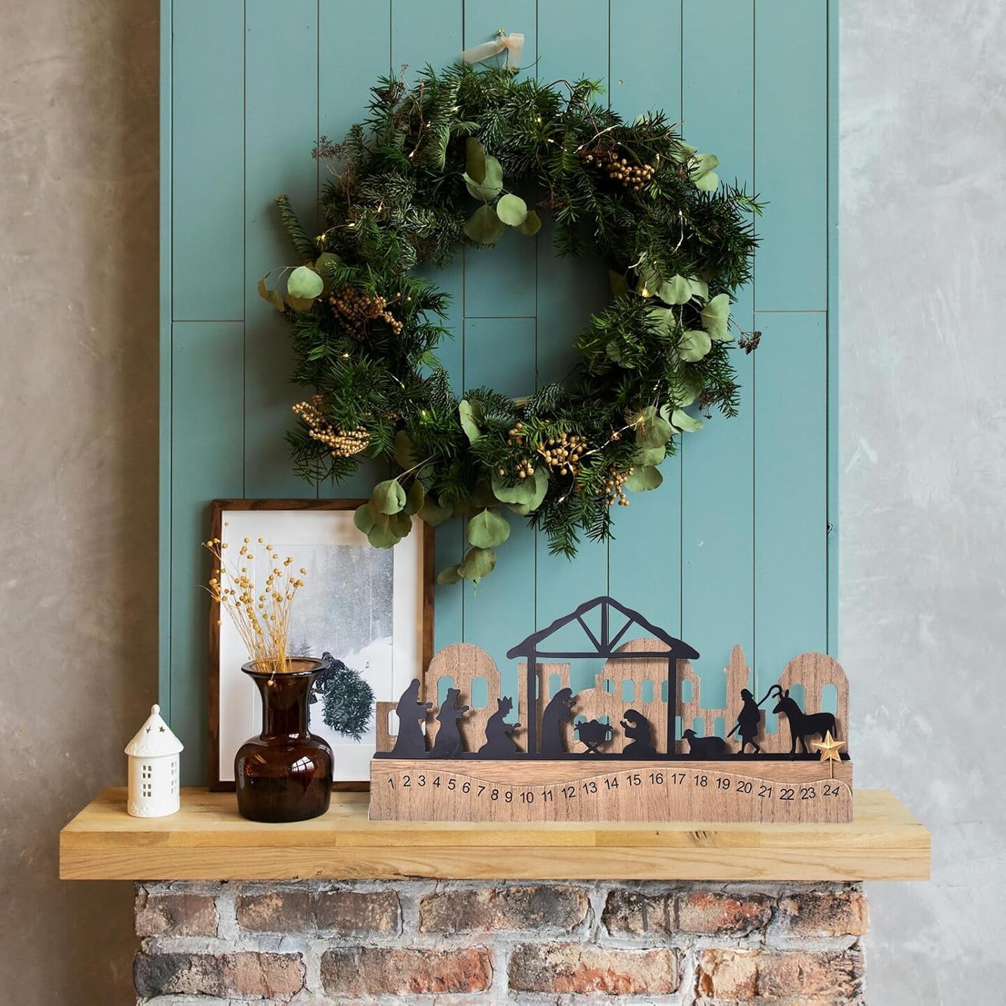 Nativity Sets for Christmas Countdown Calendar, Indoor Rustic Nativity Christmas Decor with Wooden Base 3D Design, Xmas Manger Nativity Scene for Tabletop Office Shelf Mantel Decoration (Black)