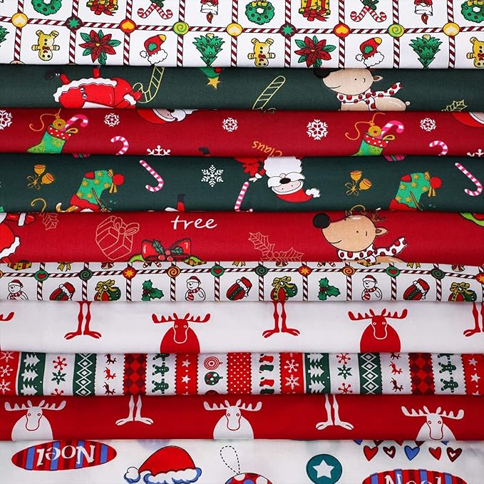 10 Pieces Christmas Cotton Fabric Bundles 18 x 22 Inch Quilting Fabric Sewing Squares Bundle Multicolor Fabric Patchwork Christmas Tree Fat Quarters Precut Santa Claus Fabric Scraps for Christmas DIY