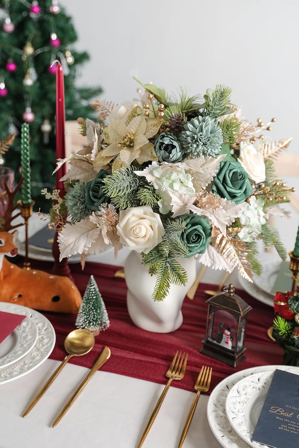 Box Set Silk Flowers Fake Rose for DIY Christmas Red Theme Decoration Tree Ornaments, Xmas Wreath Floral Arrangements Party